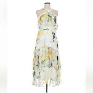 NEW! Anthropologie Floral Halter Midi Dress White Yellow Tiered Pleats Flowy 2